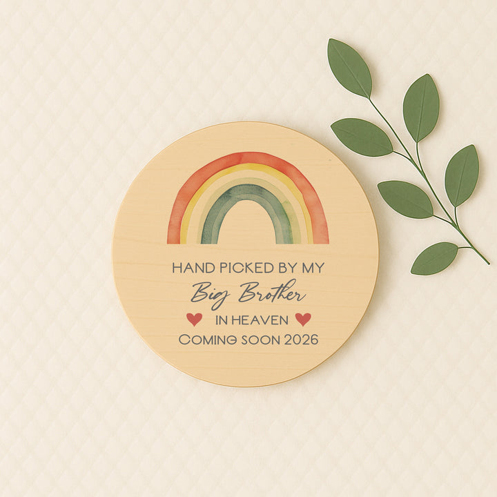 Personalised Hand Picked From Heaven Watercolour Rainbow Wooden Announcement Plaque