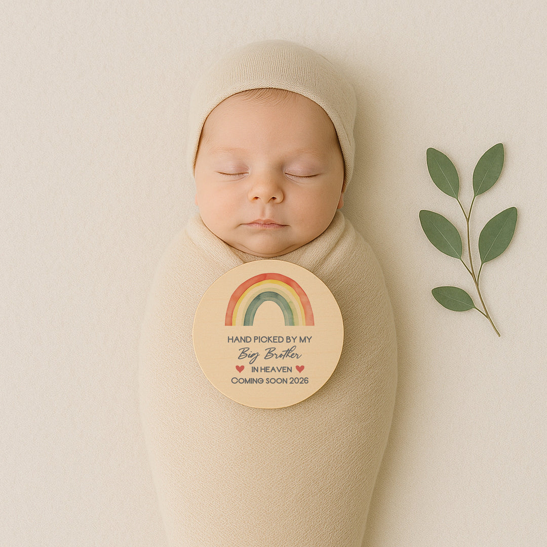 Personalised Hand Picked From Heaven Watercolour Rainbow Wooden Announcement Plaque