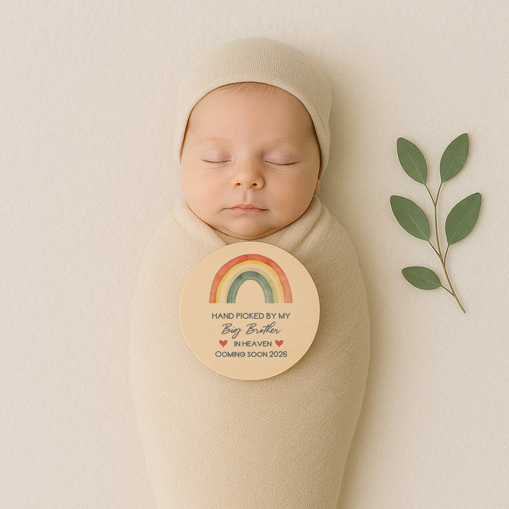 Personalised Hand Picked From Heaven Watercolour Rainbow Wooden Announcement Plaque