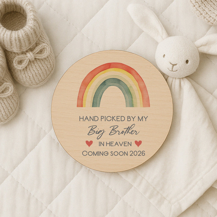 Personalised Hand Picked From Heaven Watercolour Rainbow Wooden Announcement Plaque