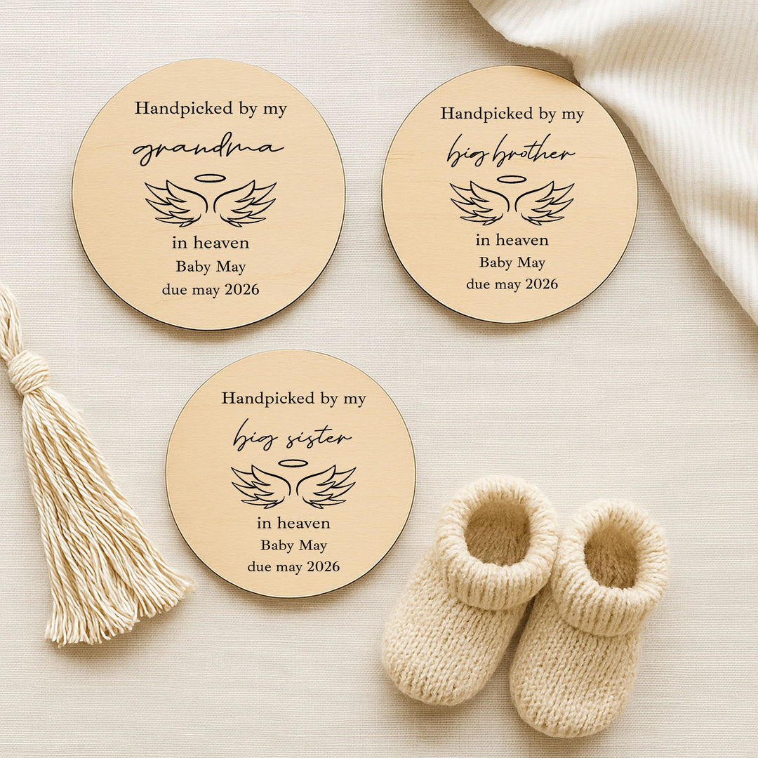 Personalised Hand Picked From Heaven Wings Wooden Announcement Plaque