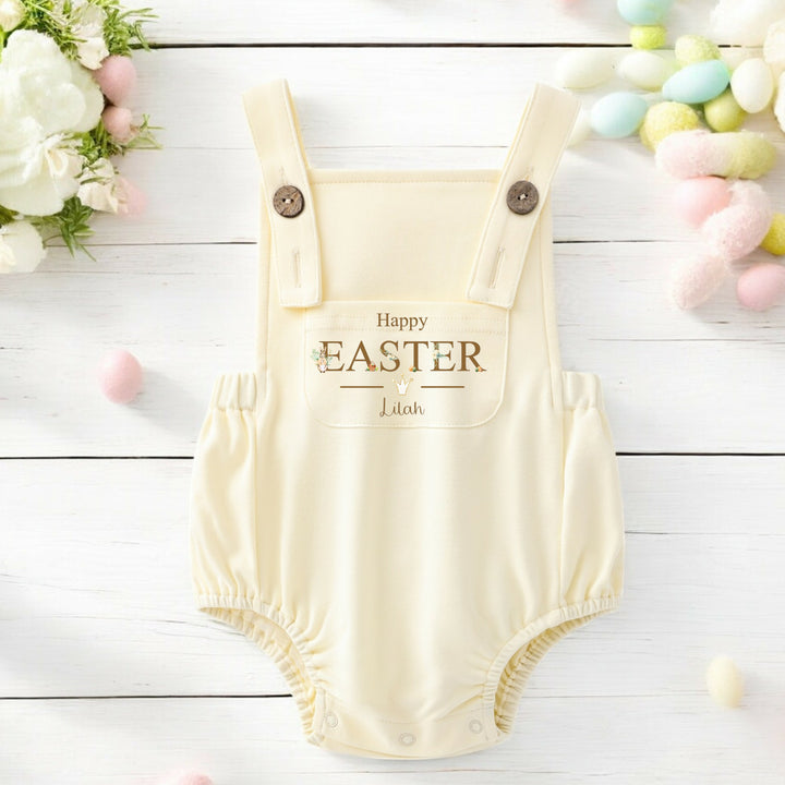 Personalised lemon yellow Easter dungarees that say 'Happy Easter Lilah'. This design features a rabbit wearing a beige jacket