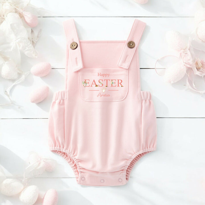 Personalised pink Easter dungarees that say 'Happy Easter Amelia'. This design features a rabbit wearing a pink jacket