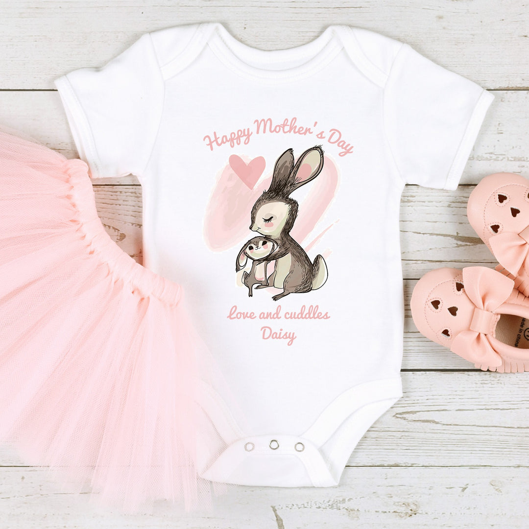 Personalised Happy First Mother's Day Pink Bunny Babygrow/Vest