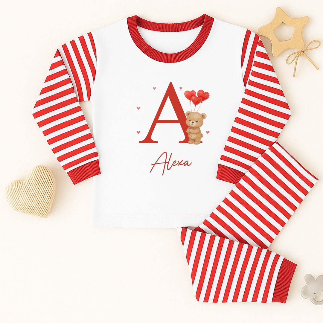 Personalised Brown Bear Initial Valentine's Day Red Stripe Pyjamas