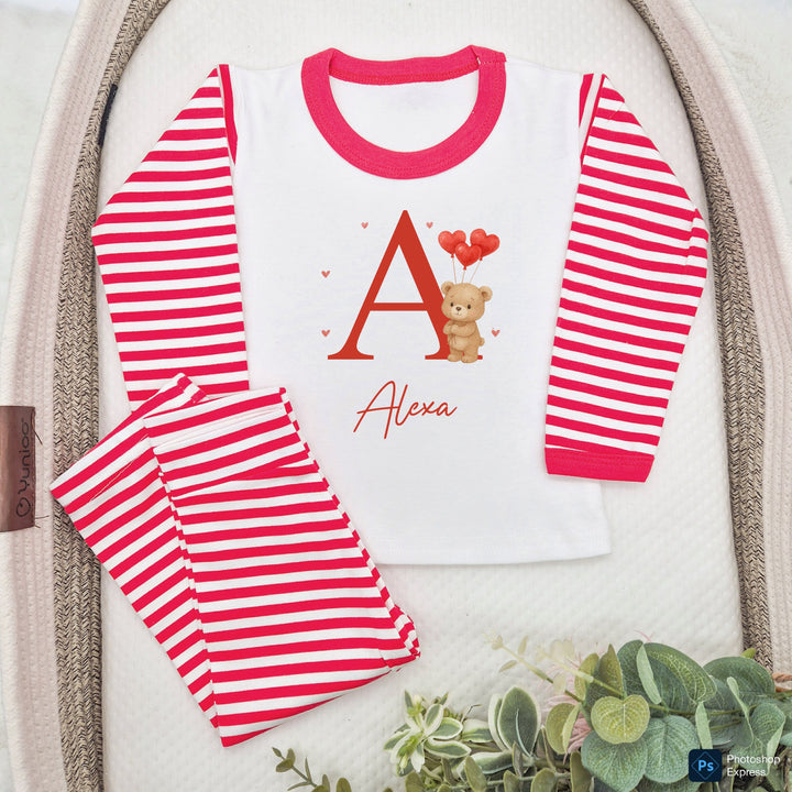 Personalised Brown Bear Initial Valentine's Day Red Stripe Pyjamas