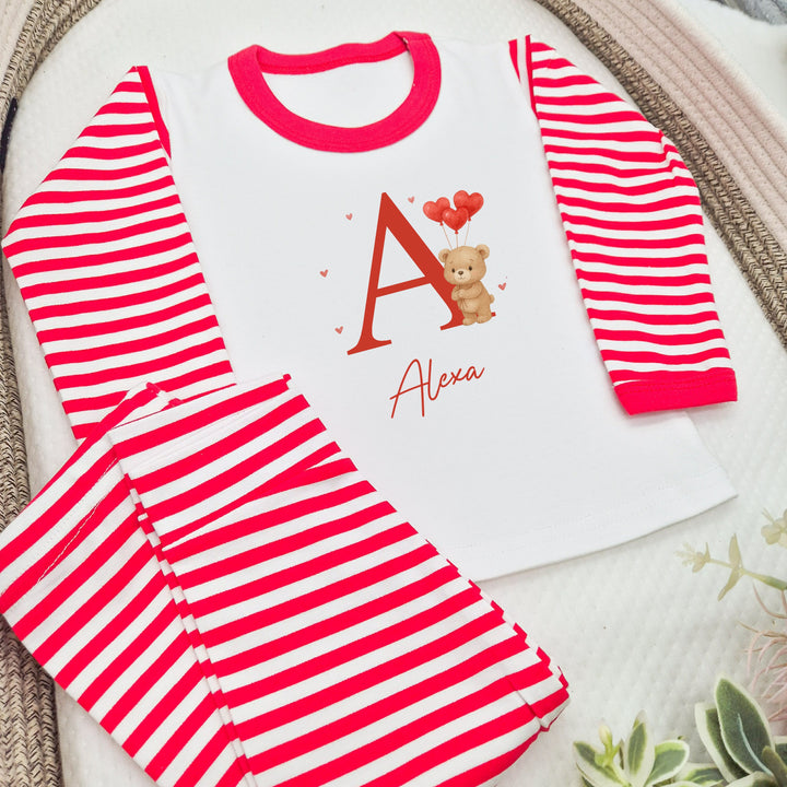 Personalised Brown Bear Initial Valentine's Day Red Stripe Pyjamas