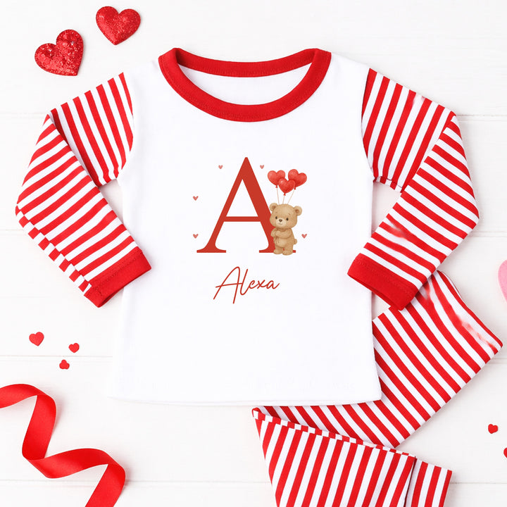 Personalised Brown Bear Initial Valentine's Day Red Stripe Pyjamas