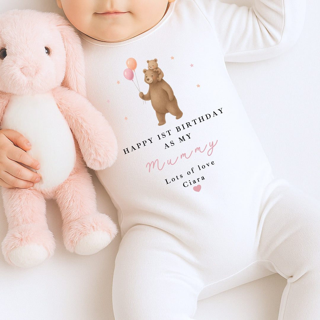 Personalised Brown Bear Happy Birthday Mummy Baby Grow/Vest