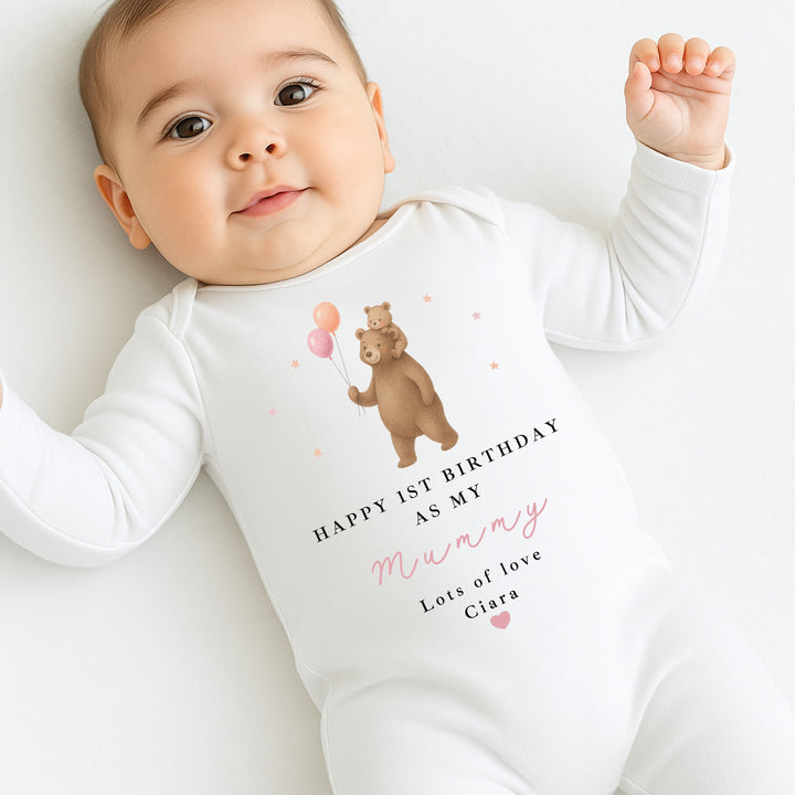 Personalised Brown Bear Happy Birthday Mummy Baby Grow/Vest
