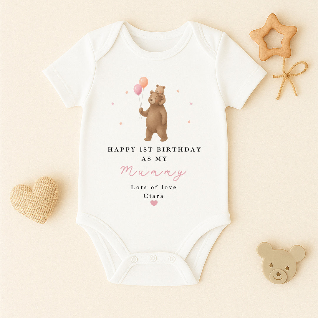 Personalised Brown Bear Happy Birthday Mummy Baby Grow/Vest