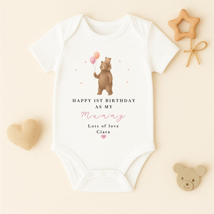 Personalised Brown Bear Happy Birthday Mummy Baby Grow/Vest
