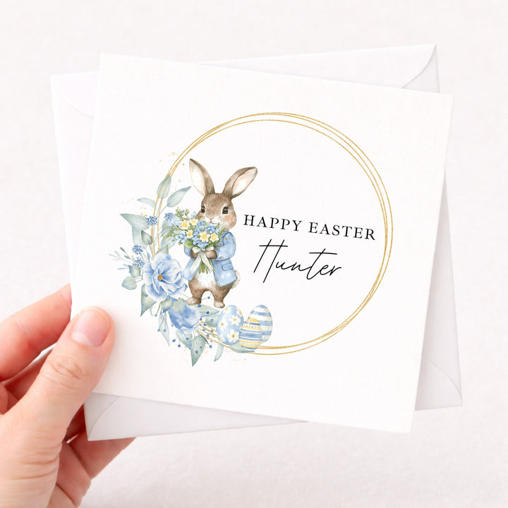 Personalised Blue Bunny Wreath Happy Easter Card