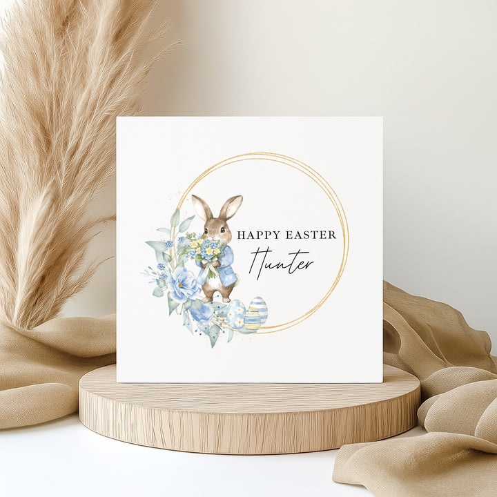 Personalised Blue Bunny Wreath Happy Easter Card