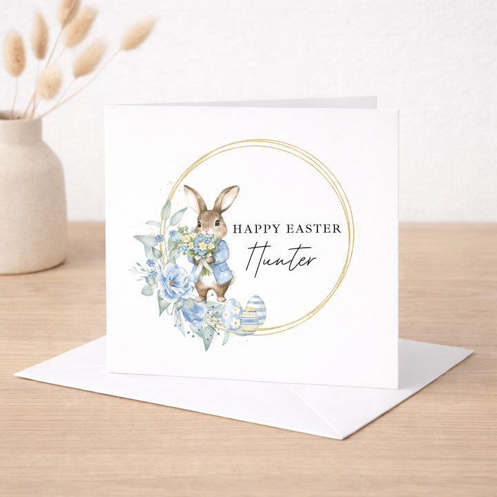 Personalised Blue Bunny Wreath Happy Easter Card