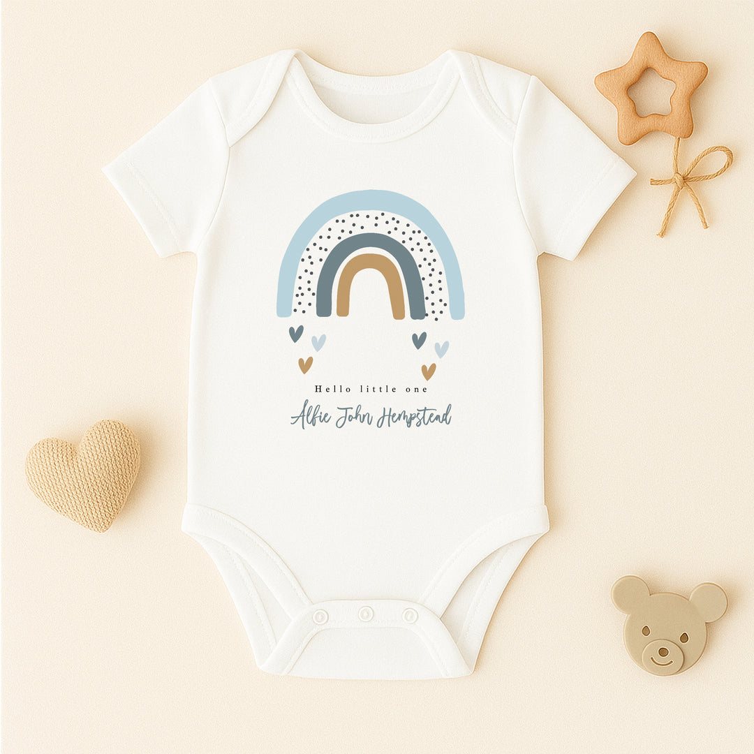 Personalised Hello Little One Blue Rainbow Babygrow/Vest