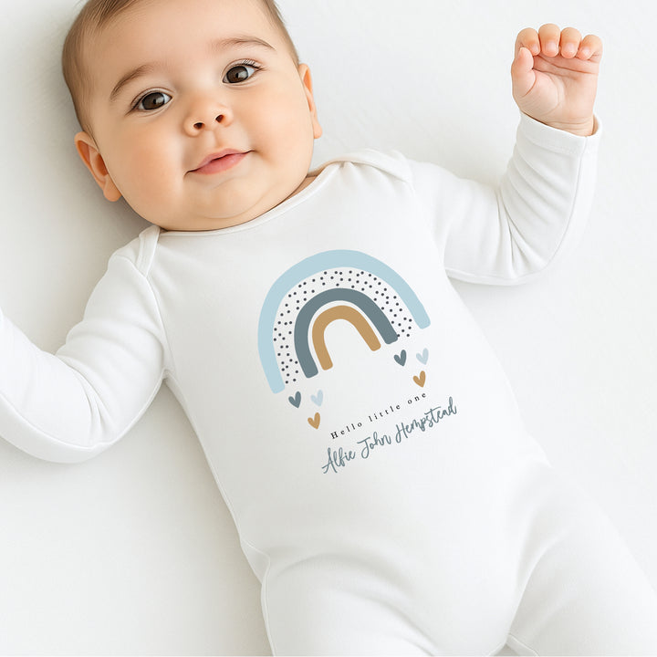 Personalised Hello Little One Blue Rainbow Babygrow/Vest