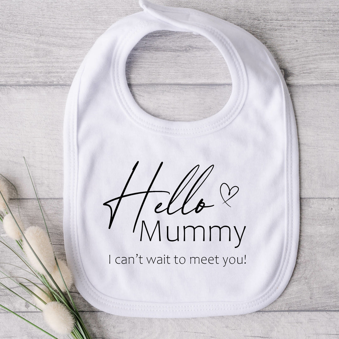 Baby bib that says: Hello Mummy I can't wait to meet you!