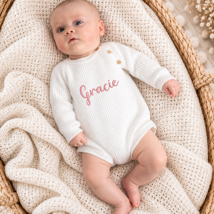 Personalised Embroidered Script Name Ribbed Baby Romper