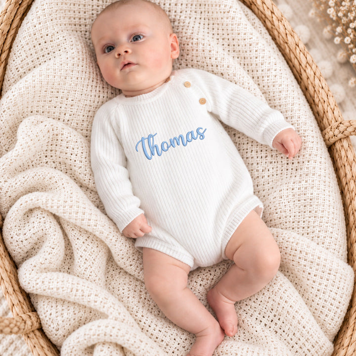 Personalised Embroidered Script Name Ribbed Baby Romper