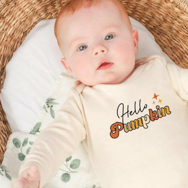 Hello Pumpkin Halloween Beige Babygrow with optional Headband or Hat