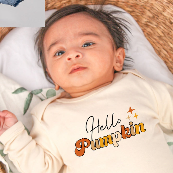 Hello Pumpkin Halloween Beige Babygrow with optional Headband or Hat