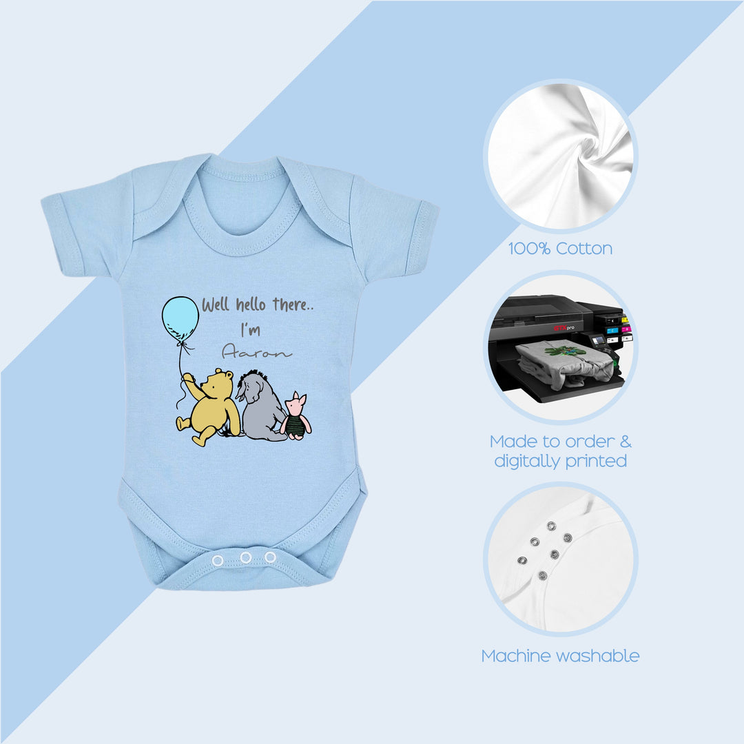 Personalised Pooh Bear Blue Babygrow/Vest