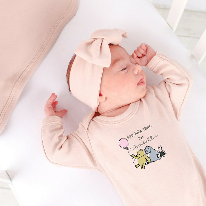 Personalised Well Hello There Classic Winnie Pooh Babygrow with optional Heaband & Blanket