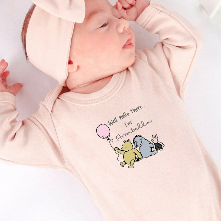 Personalised Well Hello There Classic Winnie Pooh Babygrow with optional Heaband & Blanket