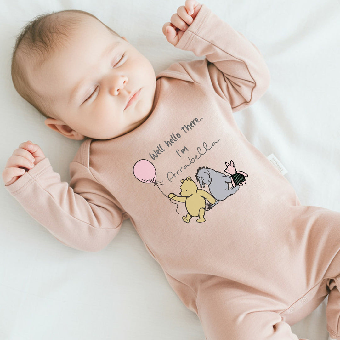 Personalised Pooh Bear Pink Babygrow With Optional Matching Acessories