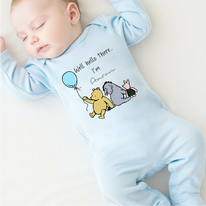 Personalised Pooh Bear Blue Babygrow/Vest