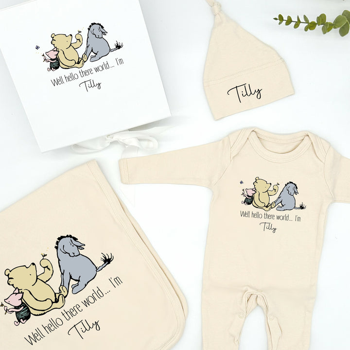 Personalised Hello There Winnie the Pooh Beige Hamper Clothing Gift Set