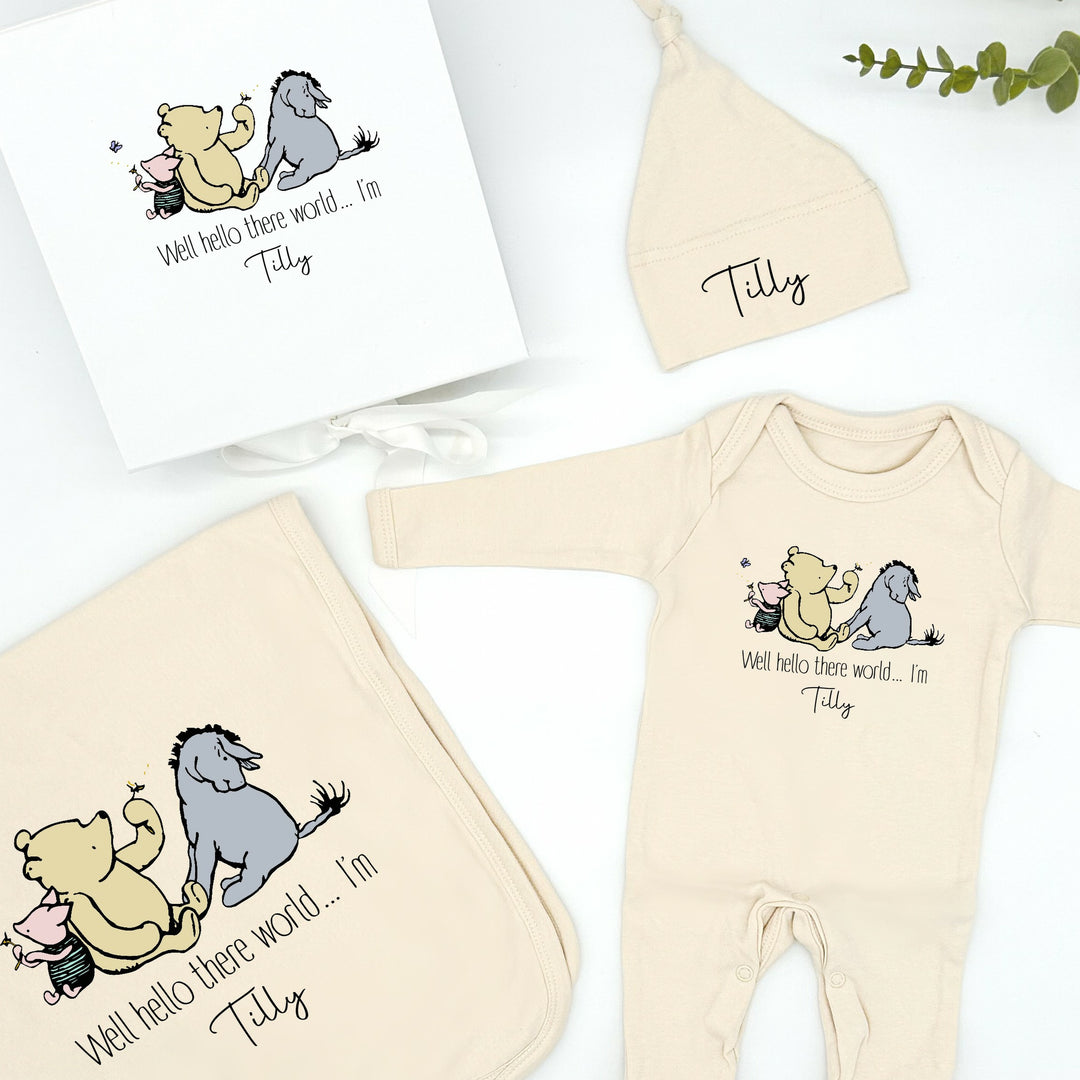 Personalised Hello There Pooh Bear Beige Hamper Clothing Gift Set