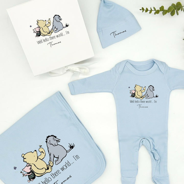 Personalised Hello There Winnie the Pooh Blue Hamper Clothing Gift Set