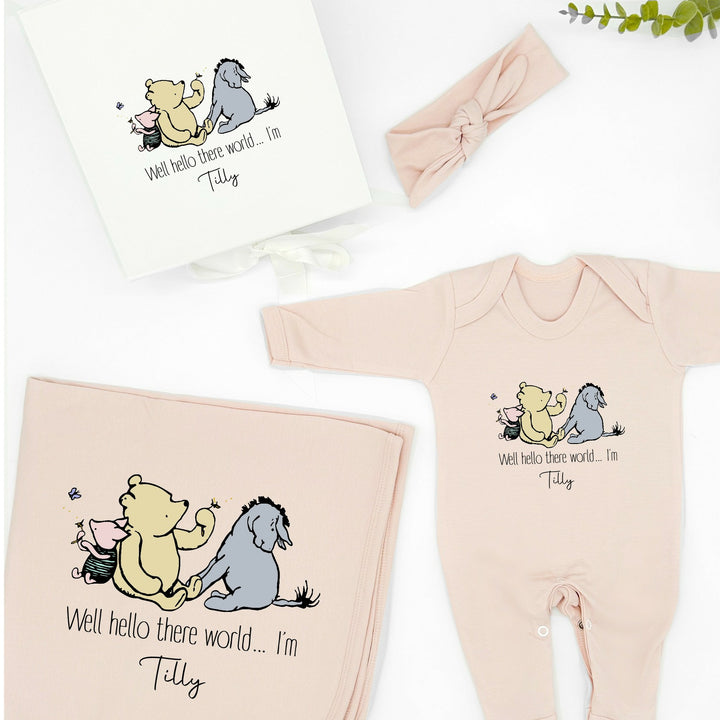 Personalised Hello There Pooh Bear Pink Hamper Clothing Gift Set