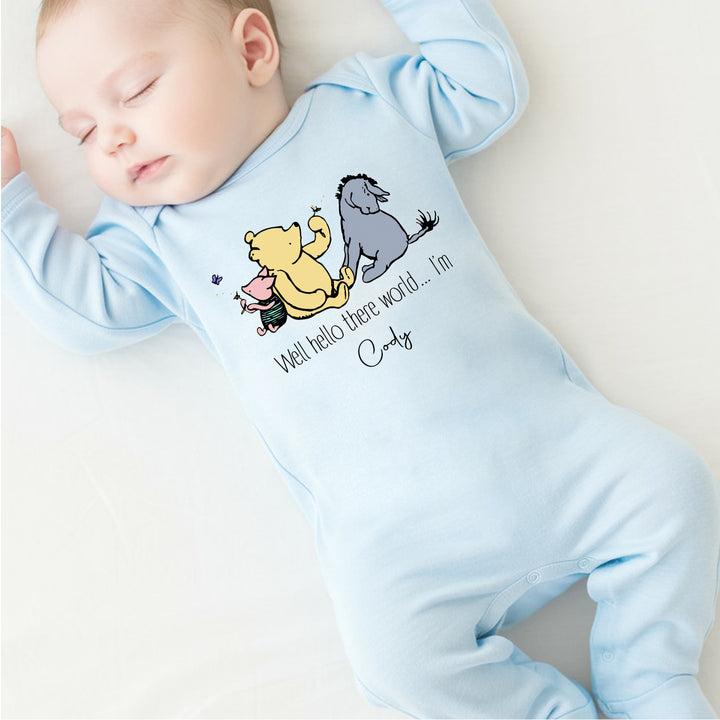 Personalised Hello There Pooh Bear Blue Baby Clothing Hamper