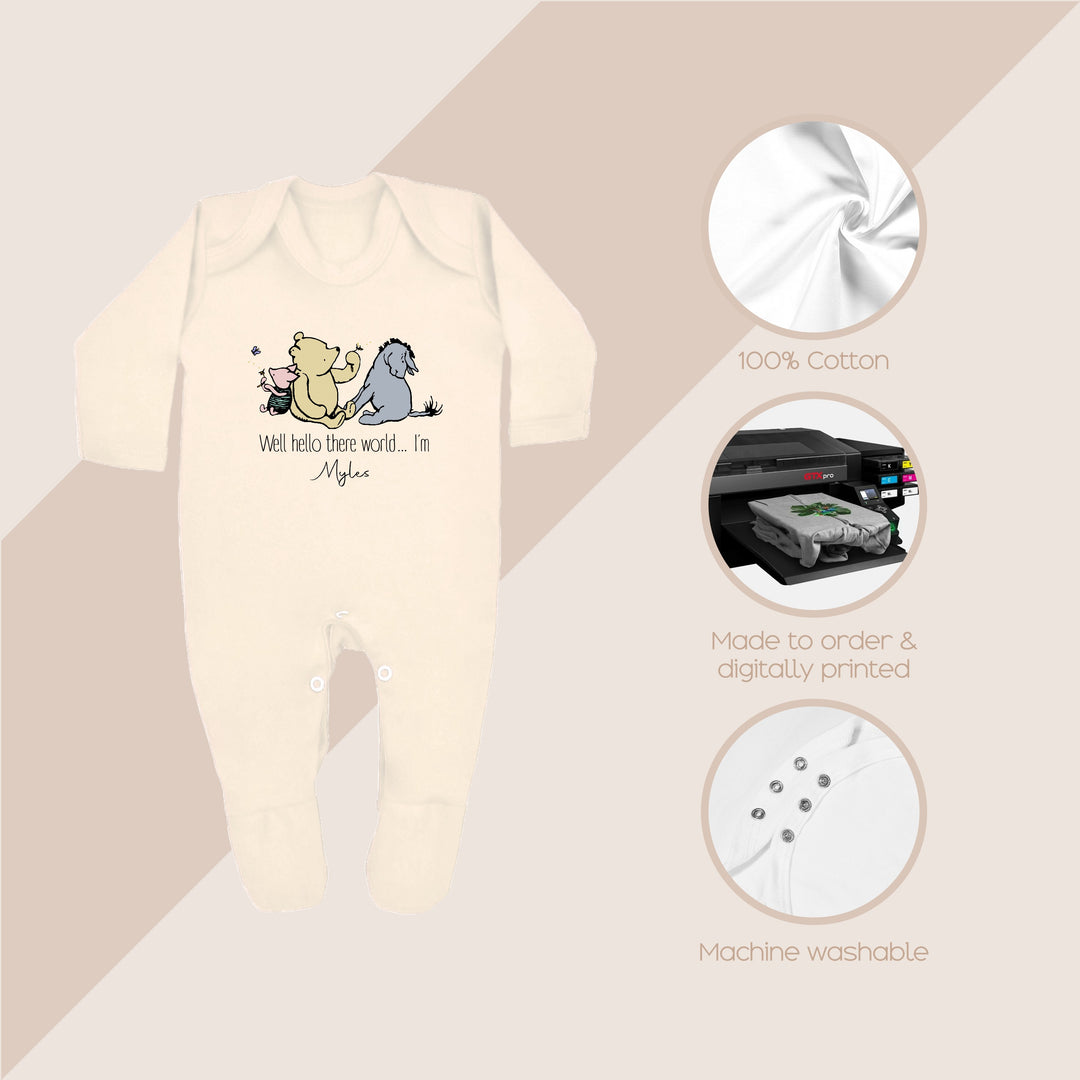 Personalised Well Hello World Pooh Bear Beige Babygrow/Vest