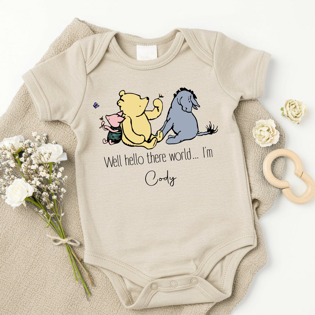 Personalised Well Hello World Pooh Bear Beige Babygrow/Vest