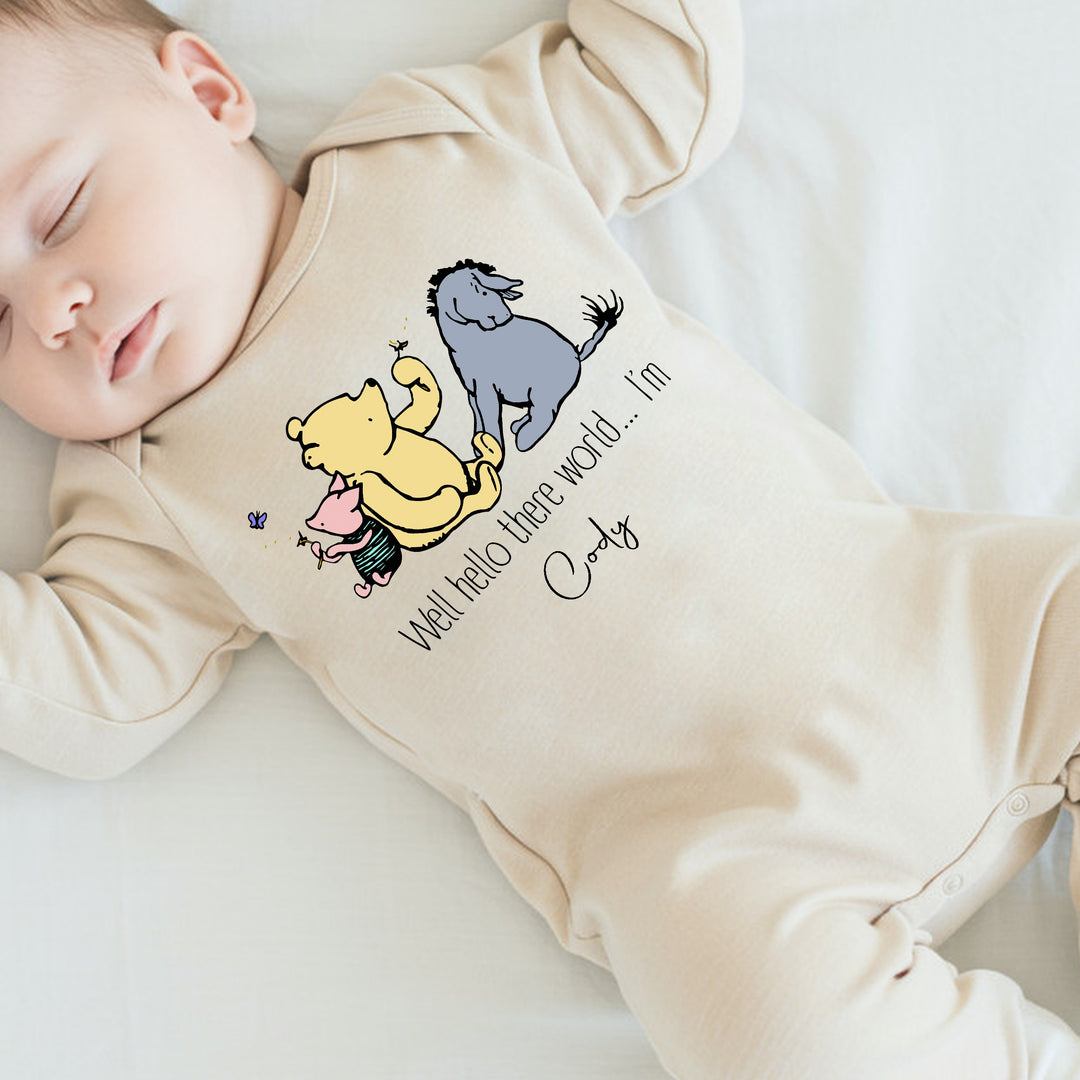 Personalised Well Hello World Pooh Bear Beige Babygrow/Vest