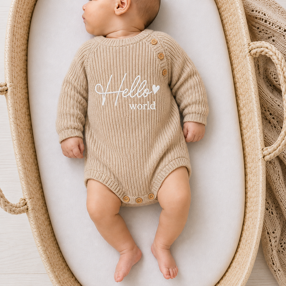Embroidered Hello World Ribbed Baby Romper