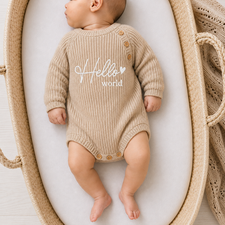 Embroidered Hello World Ribbed Baby Romper