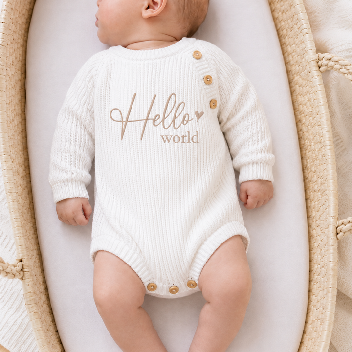 Embroidered Hello World Ribbed Baby Romper