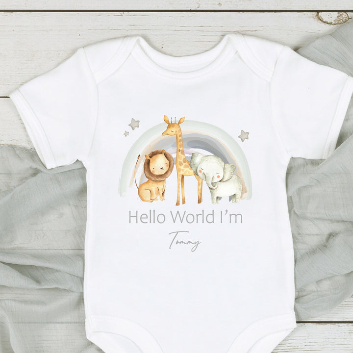 Personalised Hello World Jungle Rainbow Babygrow/Vest