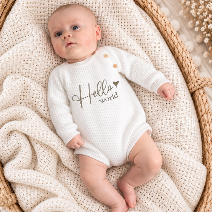 Embroidered Hello World Ribbed Baby Romper