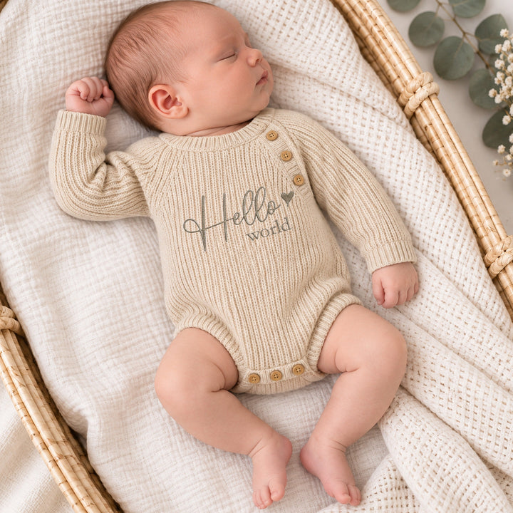 Embroidered Hello World Ribbed Baby Romper