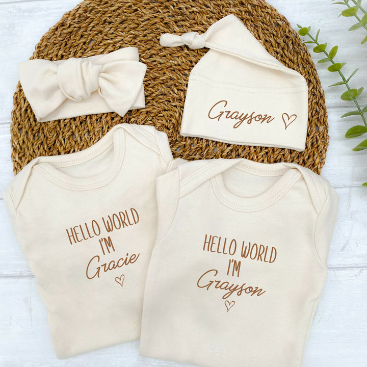 Personalised Hello World Beige Babygrow with optional Headband, Hat, Blanket