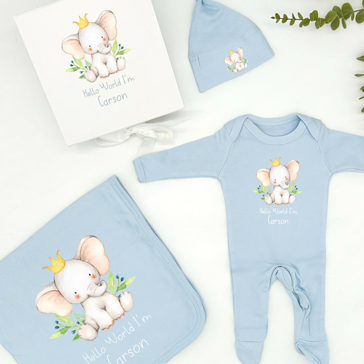 Personalised Little Elephant Hello World Blue Hamper Clothing Gift Set