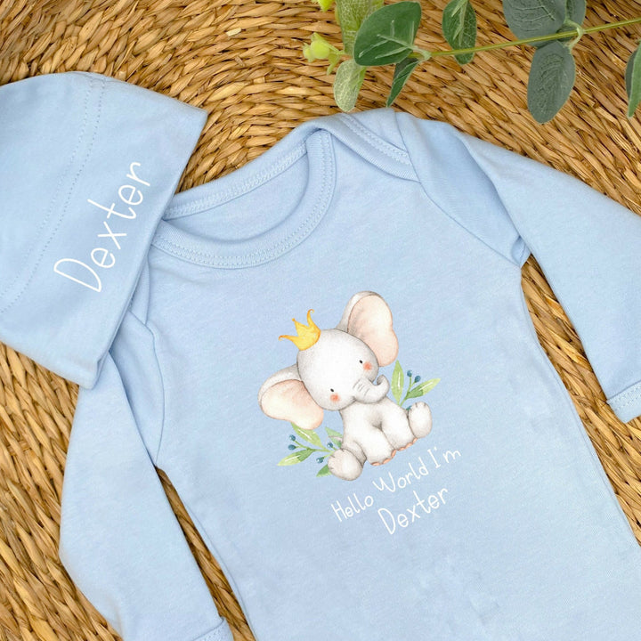 Personalised Hello World Little Elephant Blue Babygrow, Optional Blanket or Hat