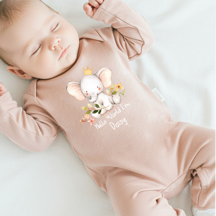 Personalised Hello World Elephant Pink Babygrow With Optional Matching Accessories