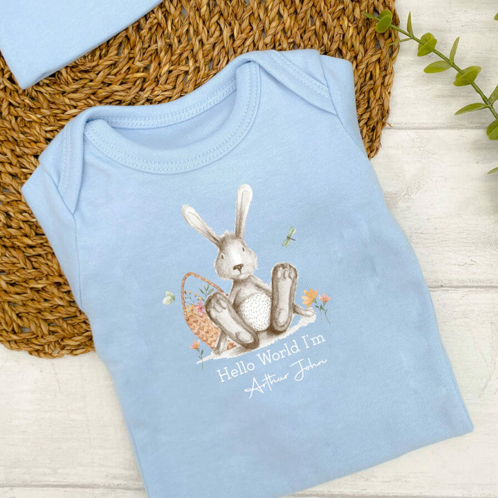 Personalised Hello World Little Bunny Blue Babygrow Optional Blanket or Hat